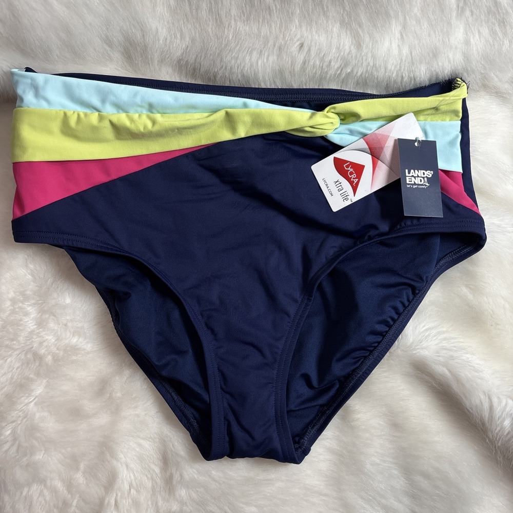 Lands End Navy Blue High Rise Bikini Bottoms Women's SIZE 14 NEW